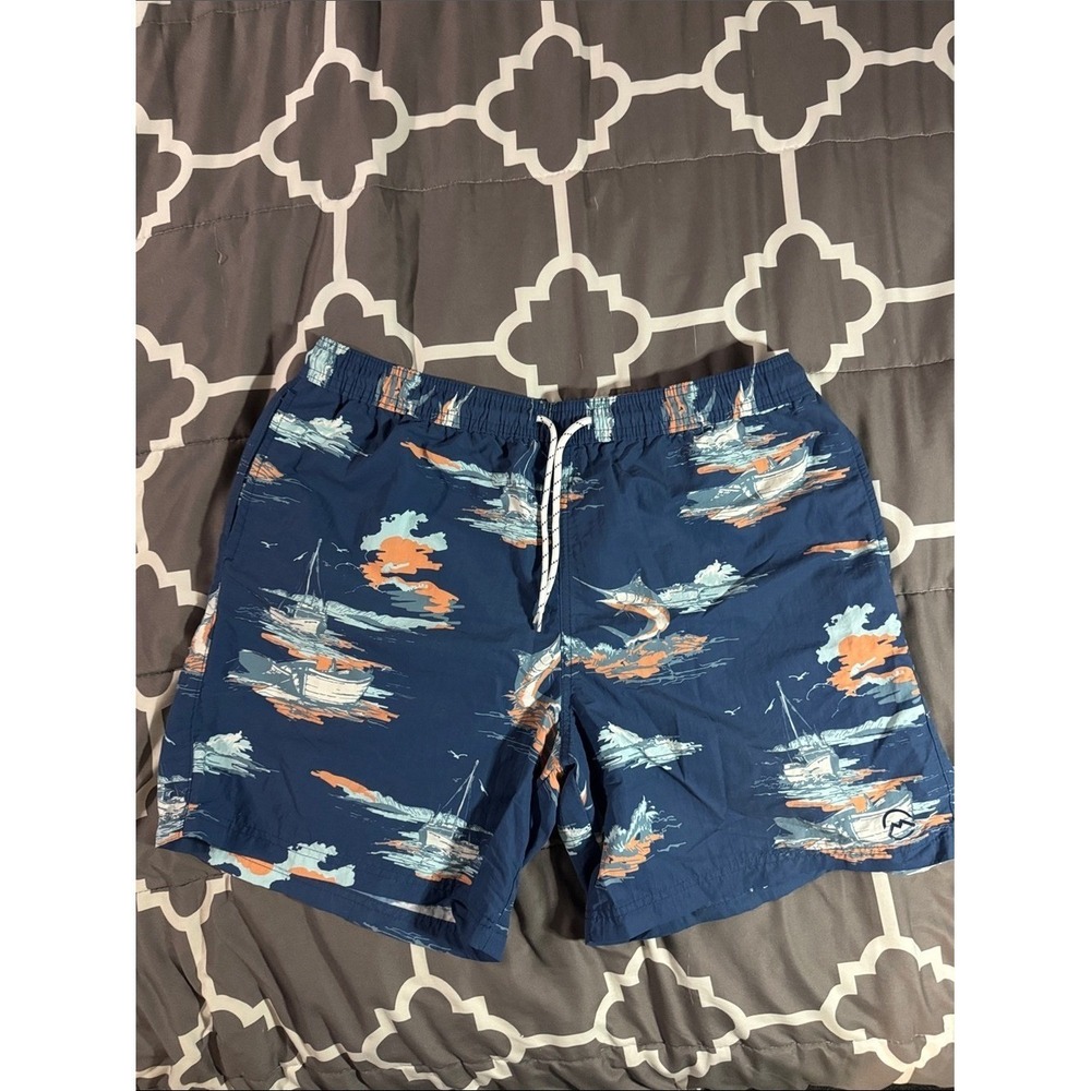 Magellan Outdoors Navy Blue Sailboat Print Swim Trunks with Orange Accents